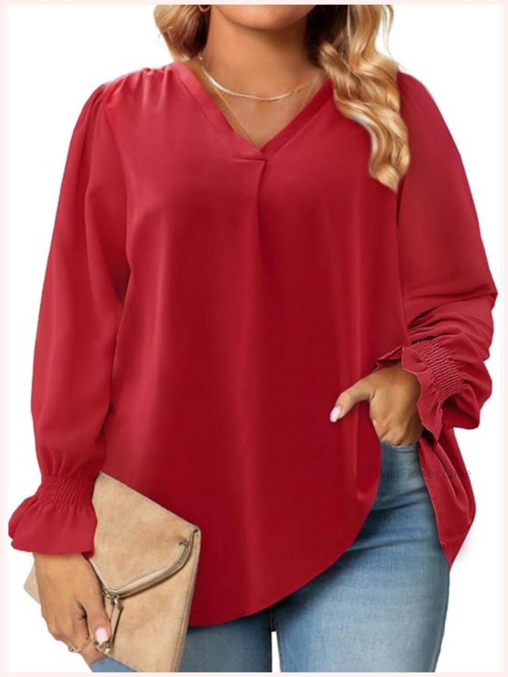 Plus Size V Neck Smocked Long Sleeve Blouse Loose Casual Work Shirt